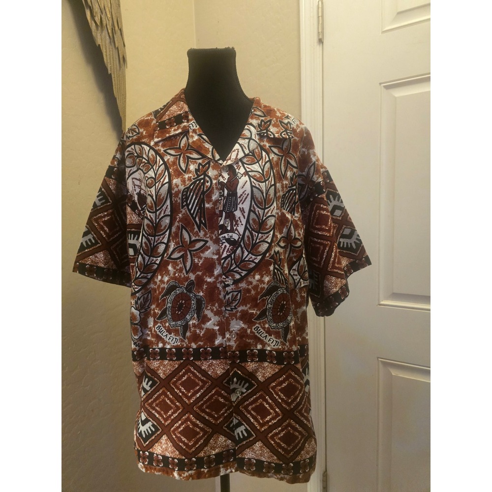 Bula Fiji Heavyweight Hawaiian Shirt Brown Masi Tapa Polynesian Graphic  XL XXL